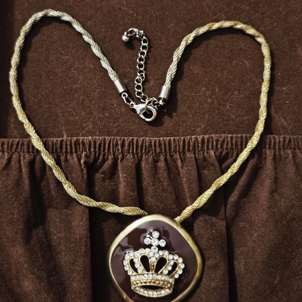 Crown Medallion Necklace with Sparkling Crown Motif On Brown Enamel 19"L + 3"ext